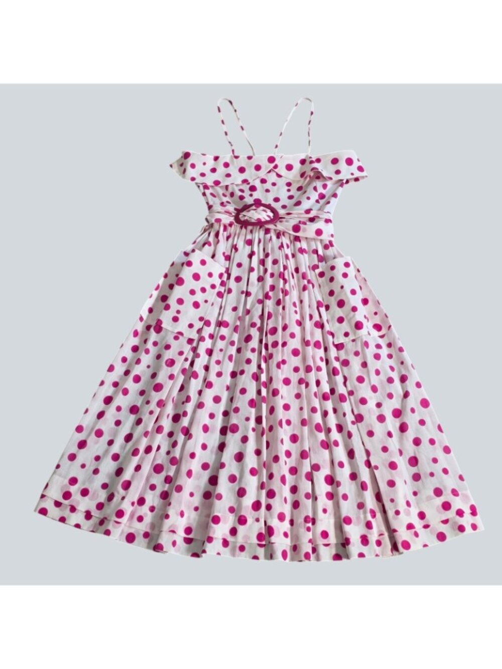 Vtg Bessi Firenze Italy Dress US 8 Pink Polka Dot Cotton Belted Midi Retro Chic - Picture 9 of 16